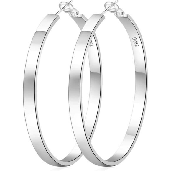 4MM Wide Silver Hoop Earrings for Women Sterling Silver Large Hoop Earrings - Picture 1 of 7